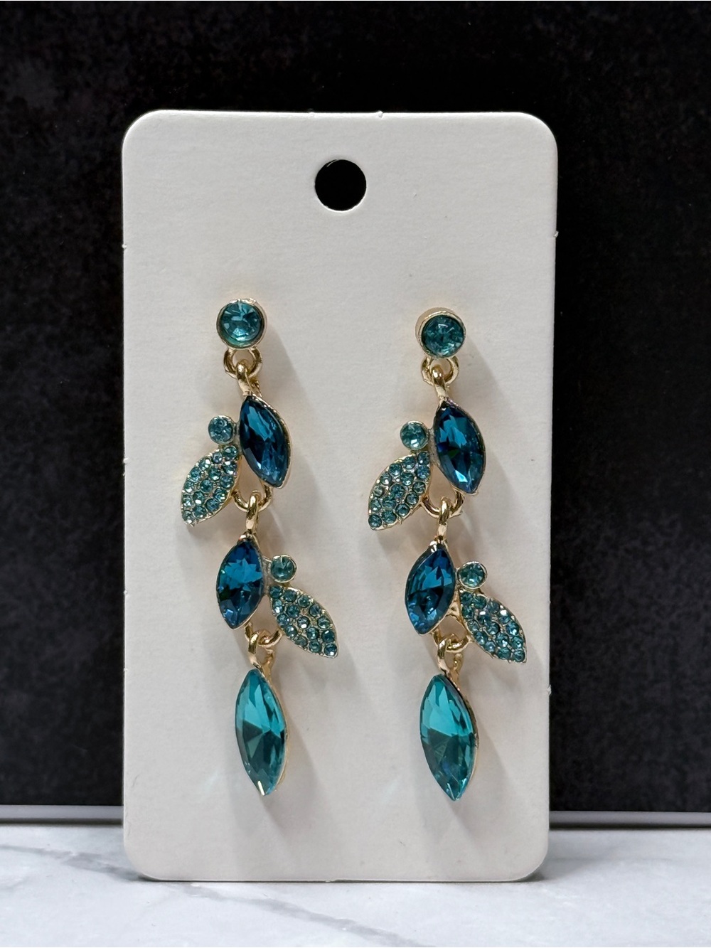 🚨3 for $15🚨 Gold Tone Blue Rhinestone Marquise Leaf Dangle Statement Earrings